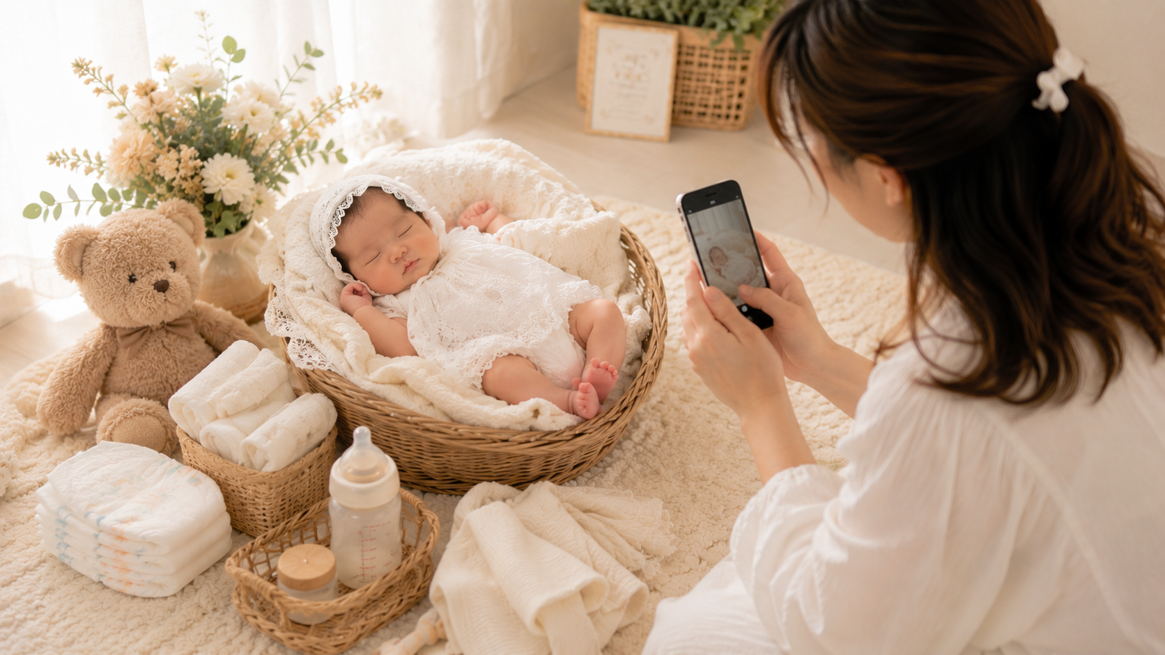 自宅でスマホを使って安全にニューボーンフォトを撮影するママ