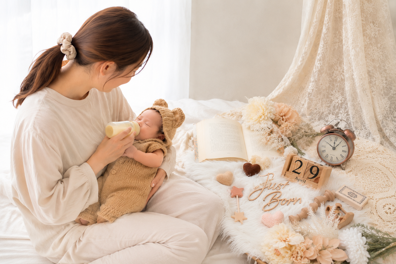 ママが赤ちゃんを抱っこしながらニューボーンフォトセルフ撮影している様子
