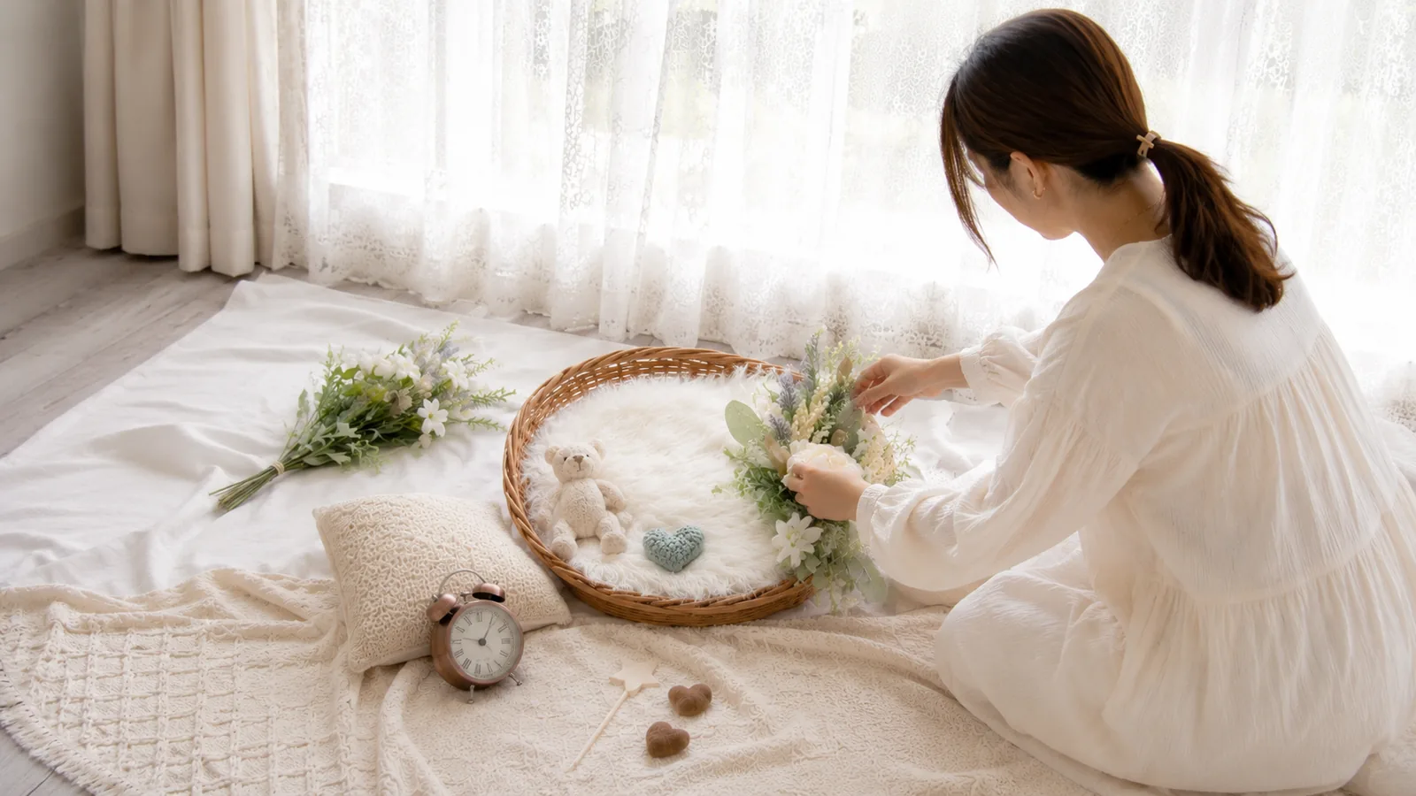 窓際でニューボーンフォトの撮影セットを準備しているママ